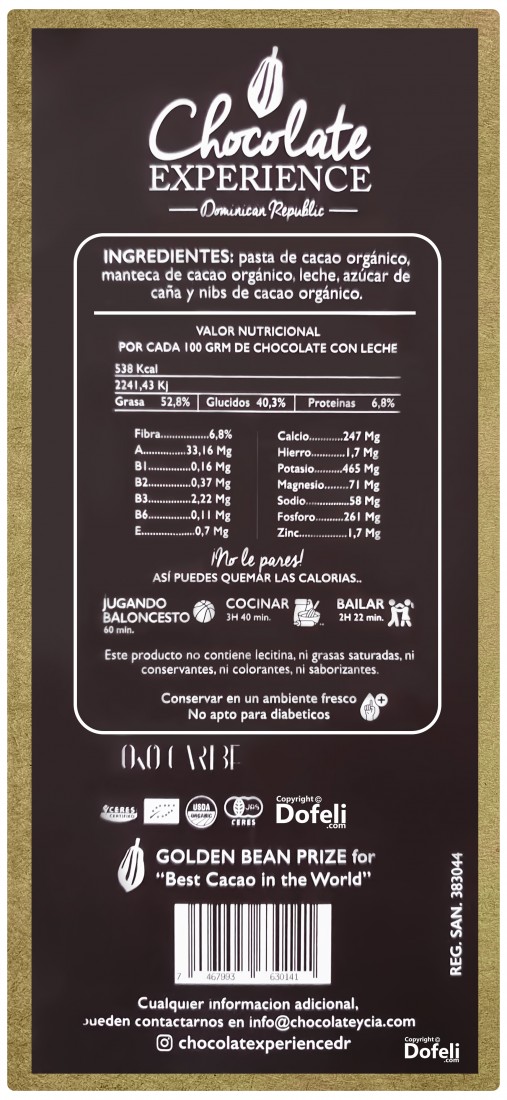 Organic milk chocolate from Dominican Republic with cacao nibs, healthy and free from additives.